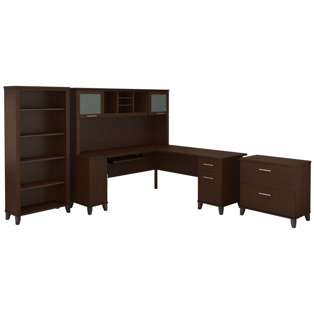 Shop Bush Furniture Somerset 72W L Shaped Desk with Hutch, Lateral File Cabinet and Bookcase, Image 01, SET012MR, #color_mocha cherry