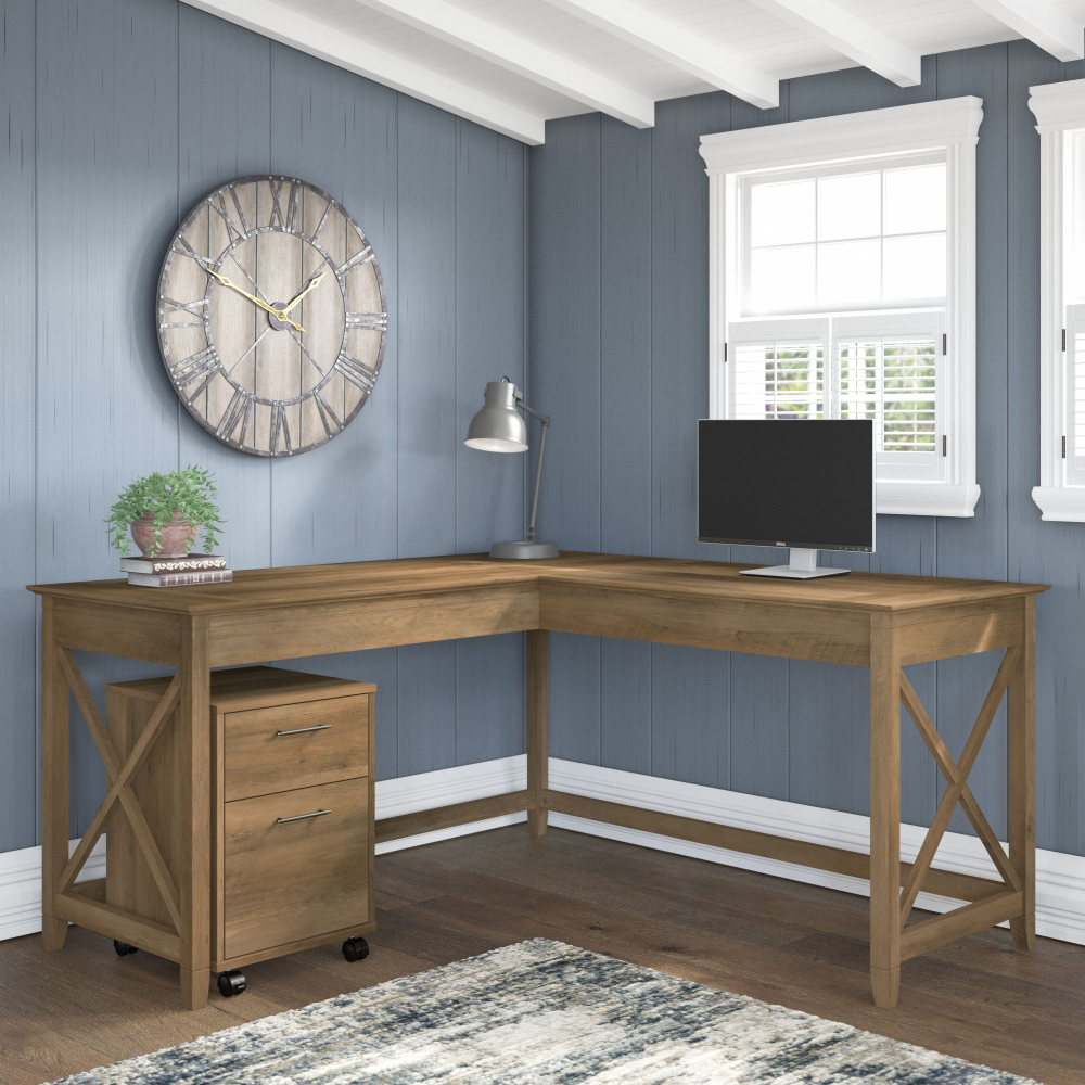 Shop Bush Furniture Key West 60W L Shaped Desk with 2 Drawer Mobile File Cabinet, Image 02, KWS013RCP, #color_reclaimed pine