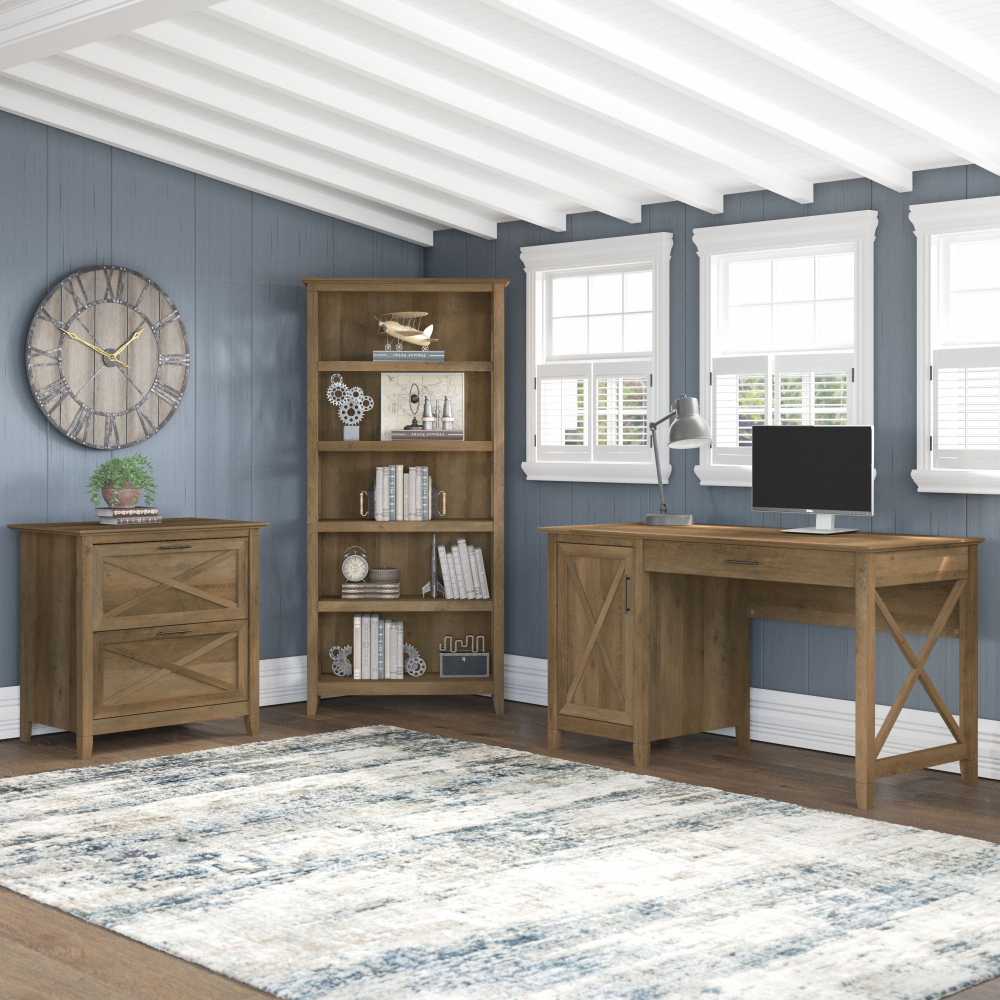 Shop Bush Furniture Key West 54W Computer Desk with 2 Drawer Lateral File Cabinet and 5 Shelf Bookcase, Image 02, KWS009RCP, #color_reclaimed pine