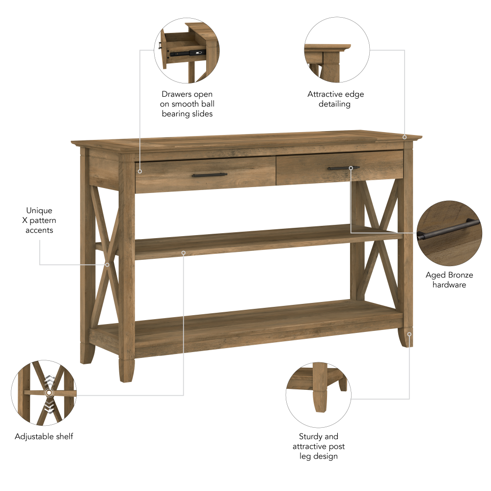 Shop Bush Furniture Key West Console Table with Drawers and Shelves, Image 07, KWT248RCP-03, #color_reclaimed pine