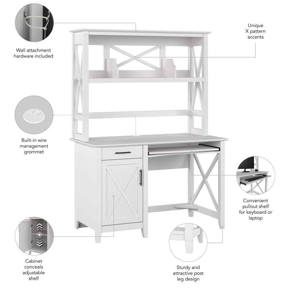 Shop Bush Furniture Key West 48W Small Computer Desk with Hutch, Image 07, KWD248WT-03, #color_pure white oak