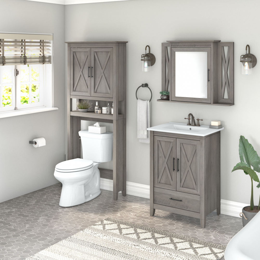 Shop Bush Furniture Key West 24W Bathroom Vanity Sink with Mirror and Over The Toilet Storage Cabinet, Image 02, KWS031DG, #color_driftwood gray