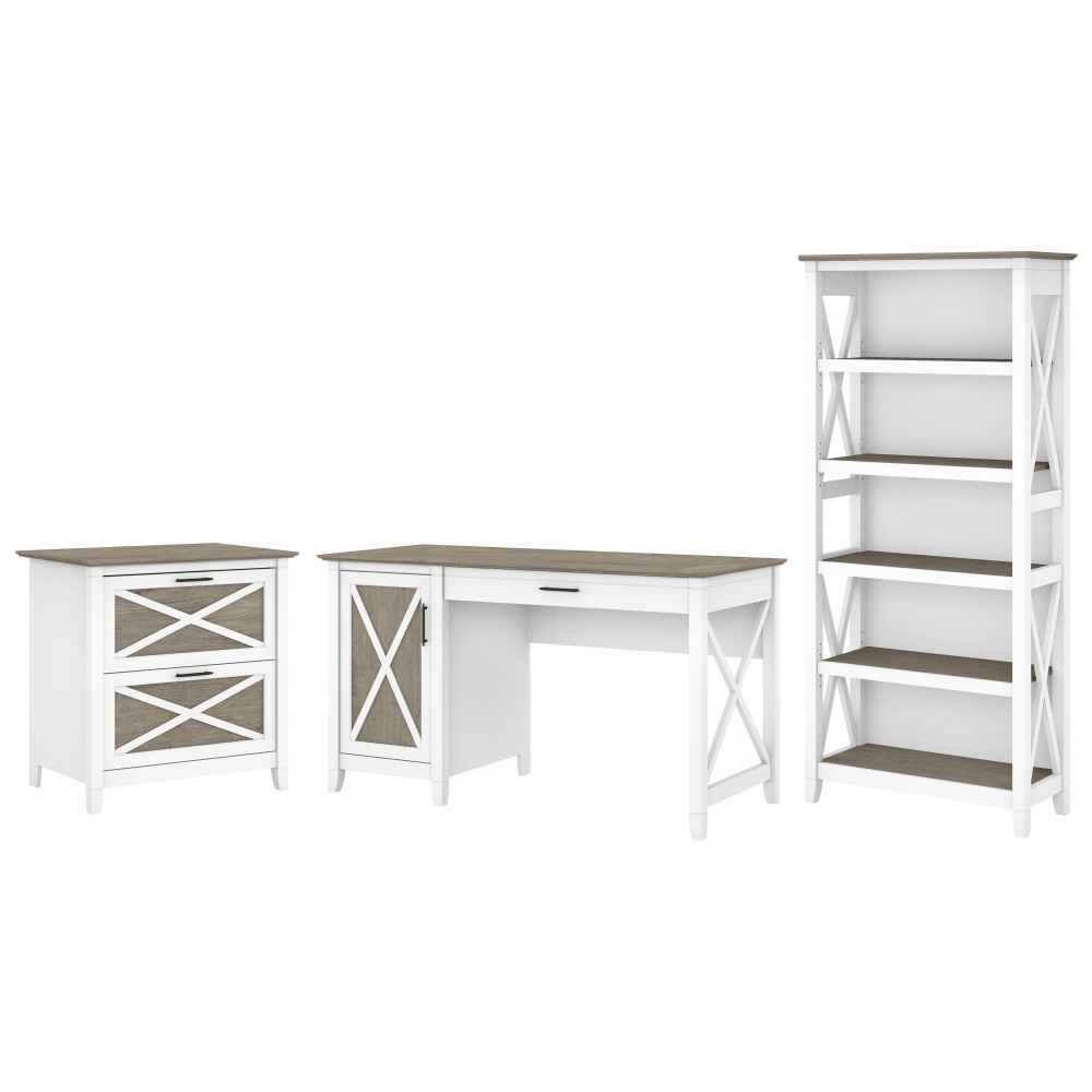 Shop Bush Furniture Key West 54W Computer Desk with 2 Drawer Lateral File Cabinet and 5 Shelf Bookcase, Image 01, KWS009G2W, #color_shiplap gray/pure white