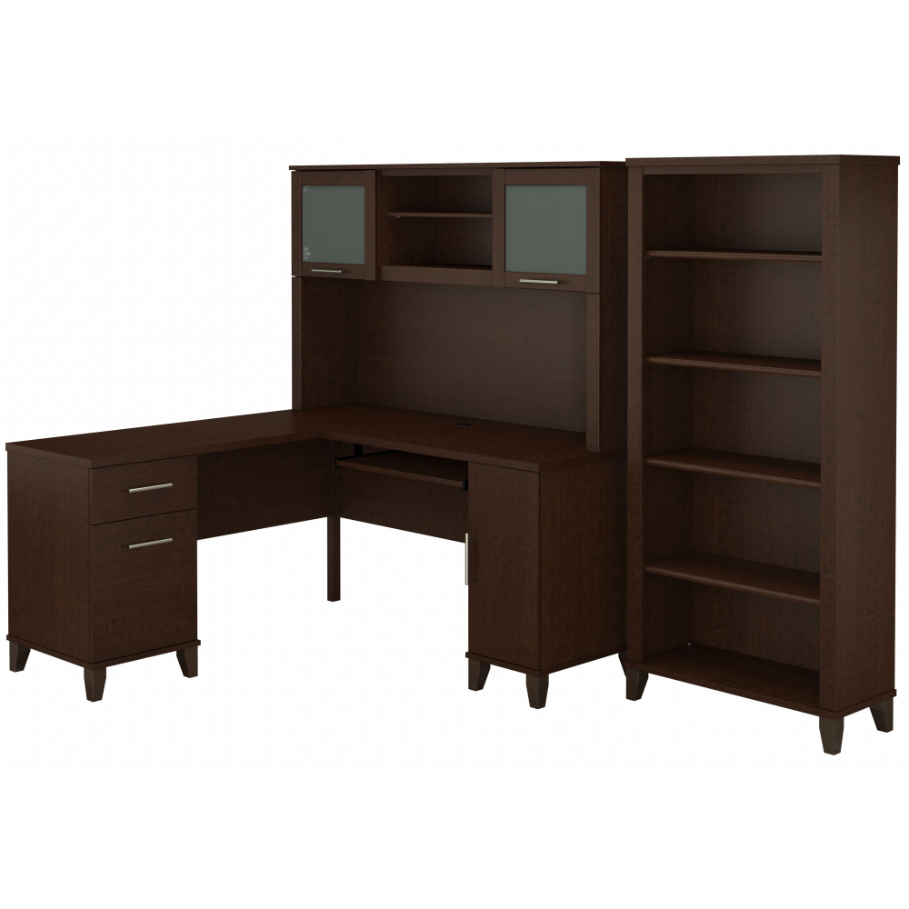 Shop Bush Furniture Somerset 60W L Shaped Desk with Hutch and 5 Shelf Bookcase, Image 01, SET010MR, #color_mocha cherry