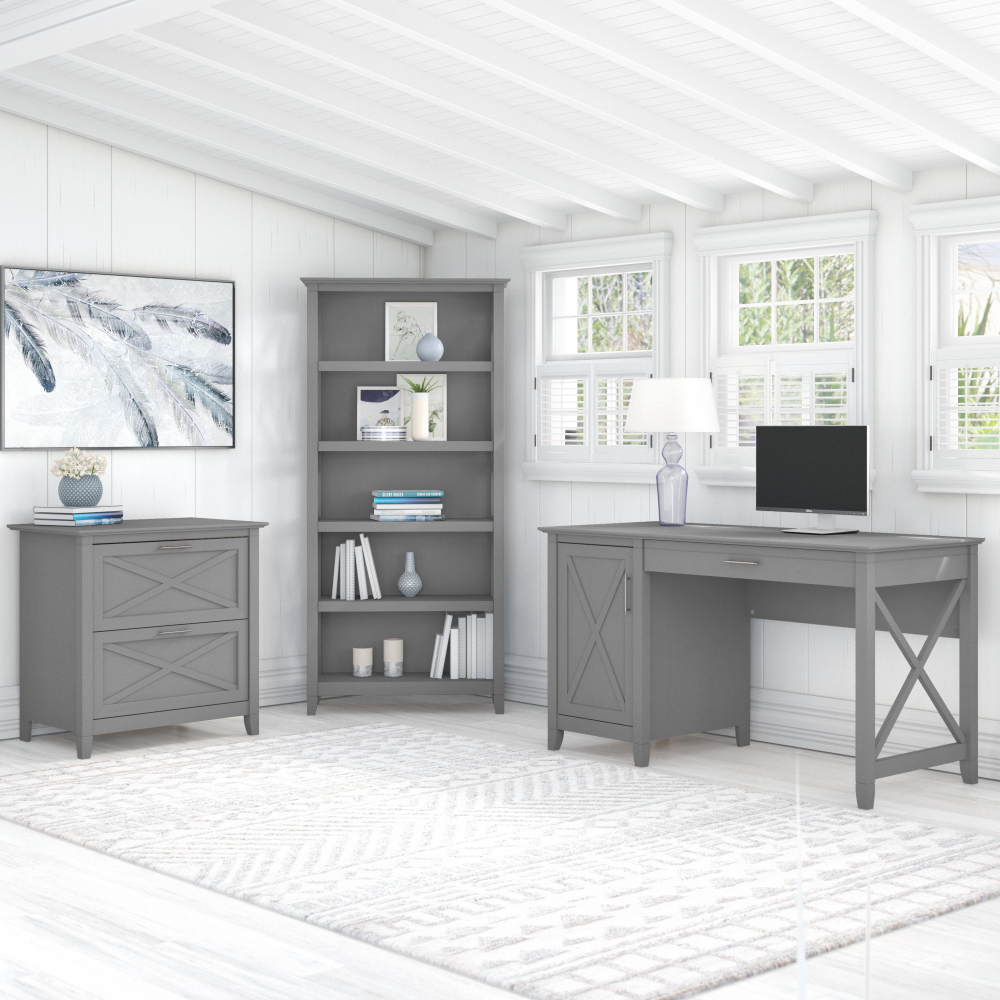 Shop Bush Furniture Key West 54W Computer Desk with 2 Drawer Lateral File Cabinet and 5 Shelf Bookcase, Image 02, KWS009CG, #color_cape cod gray