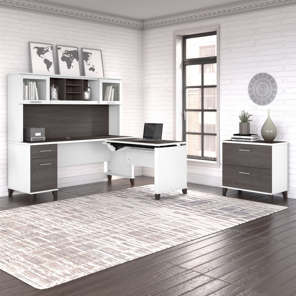 Shop Bush Furniture Somerset 72W 3 Position Sit to Stand L Shaped Desk with Hutch and File Cabinet, Image 04, SET016SGWH, #color_storm gray/white