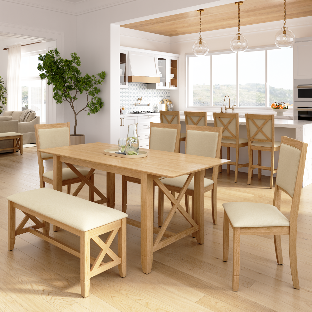 Shop Bush Home Key West 70W Cross Base Dining Table with 4 Upholstered Cross Back Chairs and 1 Bench, Image 04, KWS115BO, #color_blonde oak/bright beige