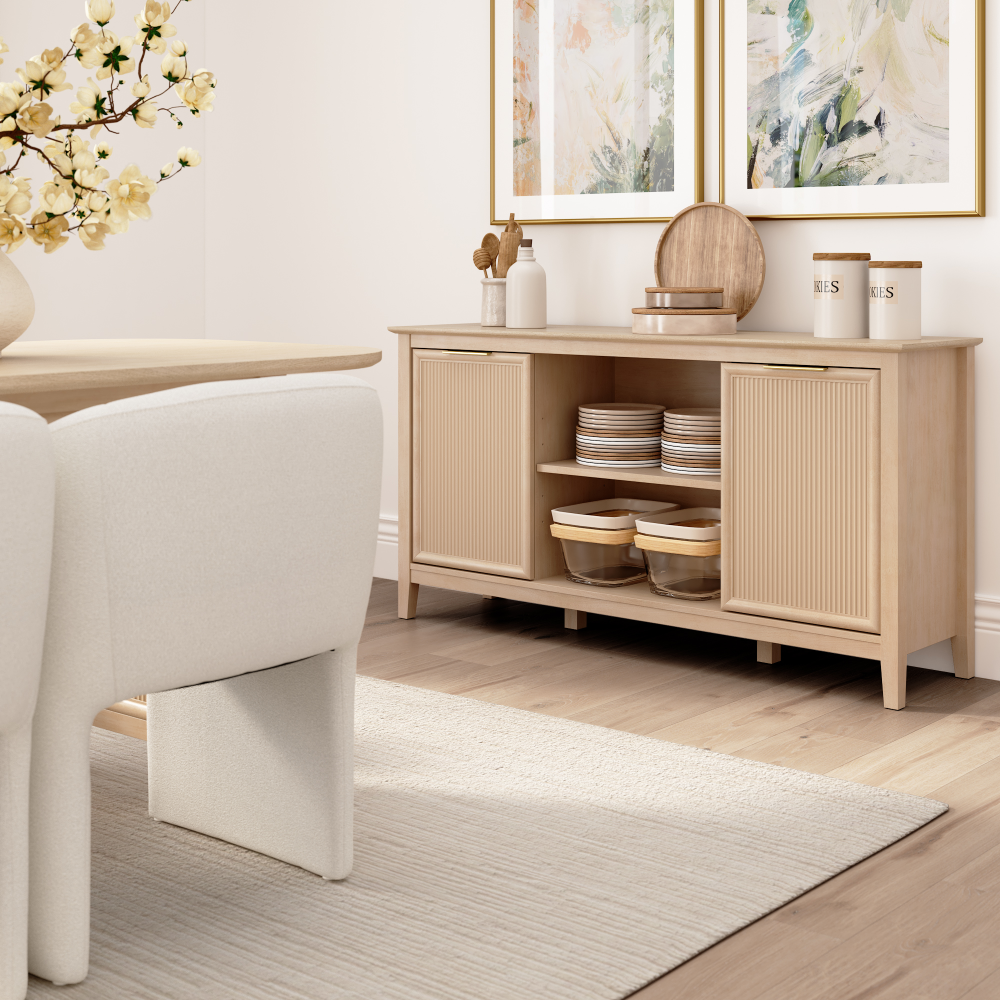 Shop Bush Home Camille Fluted Base 71W Dining Table with 4 Upholstered Barrel Dining Chairs, Image 03, CML013OB, #color_natural birch/light cream fabric