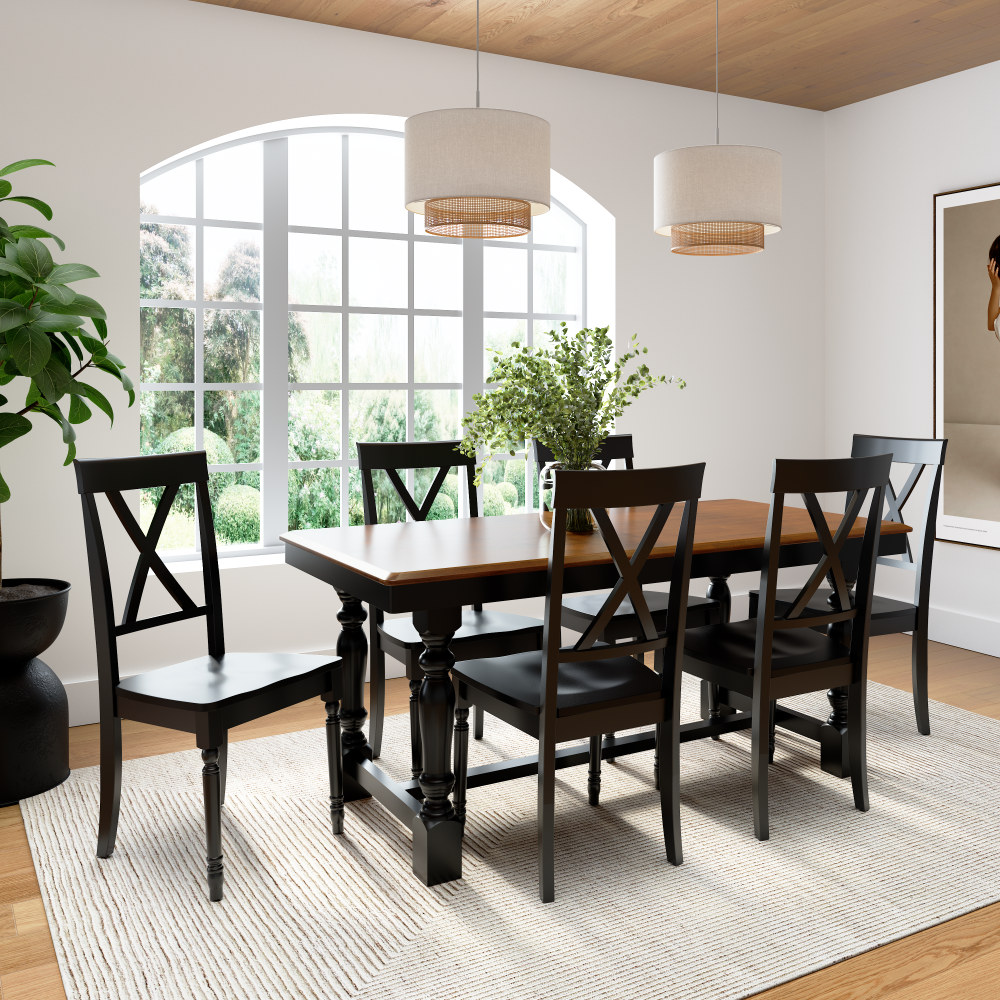 Shop Bush Furniture Sterling 67W Squire Trestle Dining Table with 6 Cross Back Dining Chairs, Image 02, STL001BMB, #color_burnished medium brown/black paint