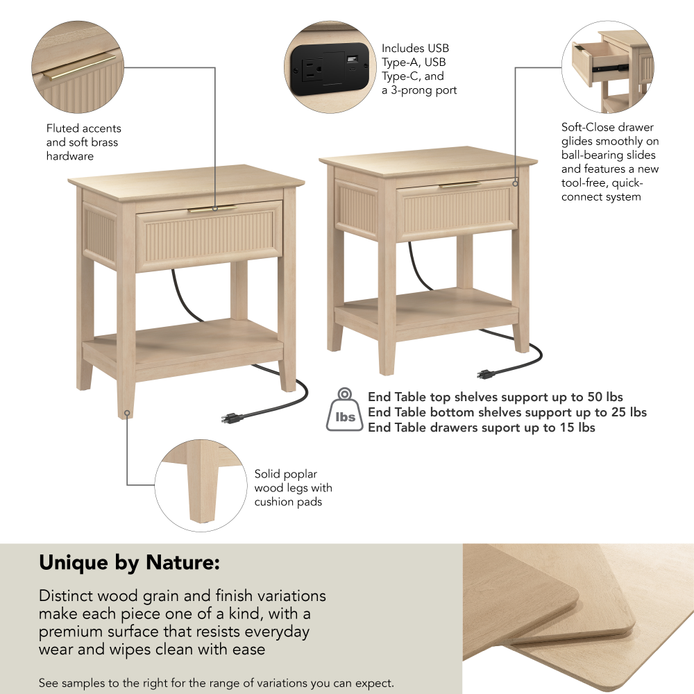 Shop Bush Home Camille Fluted End Table with Drawer - Set of 2, Image 07, CML002NB, #color_natural birch