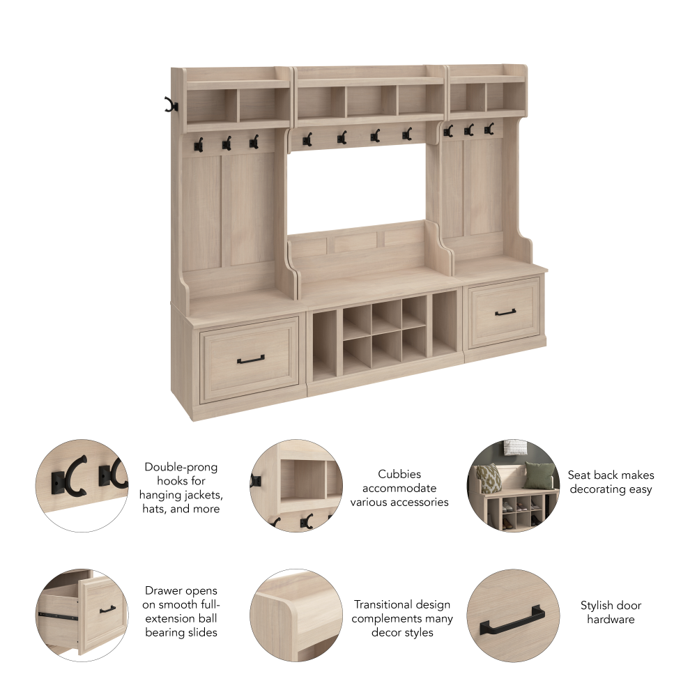 Shop Bush Furniture Woodland Full Entryway Storage Set with Coat Rack and Shoe Bench with Drawers, Image 07, WDL014WM, #color_white washed maple