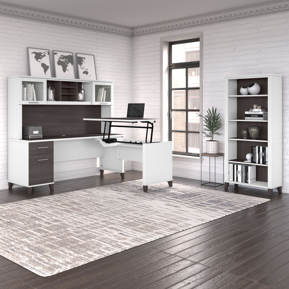 Shop Bush Furniture Somerset 72W 3 Position Sit to Stand L Shaped Desk with Hutch and Bookcase, Image 02, SET017SGWH, #color_storm gray/white