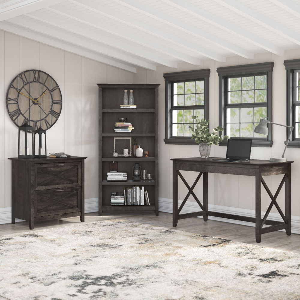 Shop Bush Furniture Key West 48W Writing Desk with 2 Drawer Lateral File Cabinet and 5 Shelf Bookcase, Image 02, KWS004GH, #color_dark gray hickory