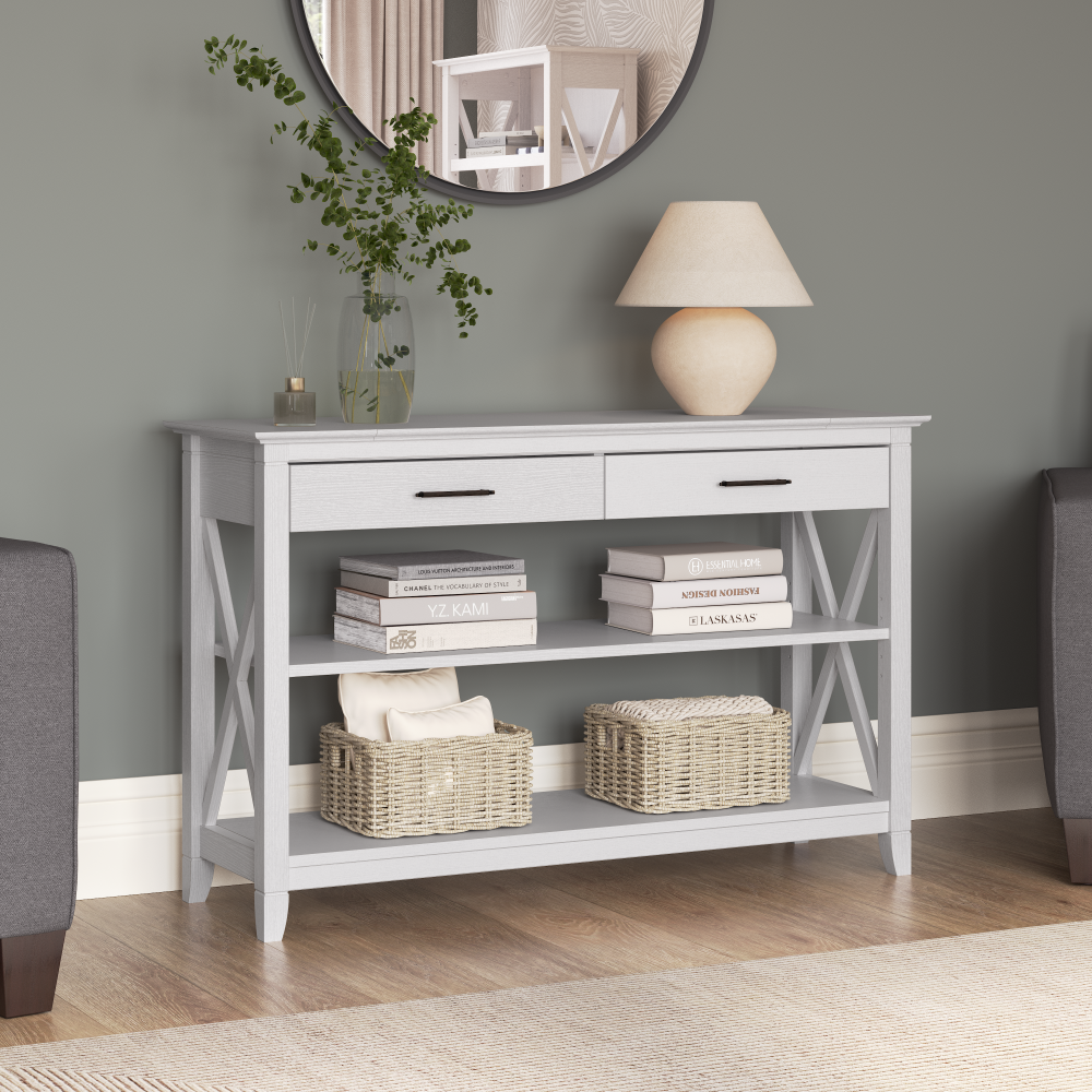 Shop Bush Furniture Key West Console Table with Drawers and Shelves, Image 02, KWT248WT-03, #color_pure white oak