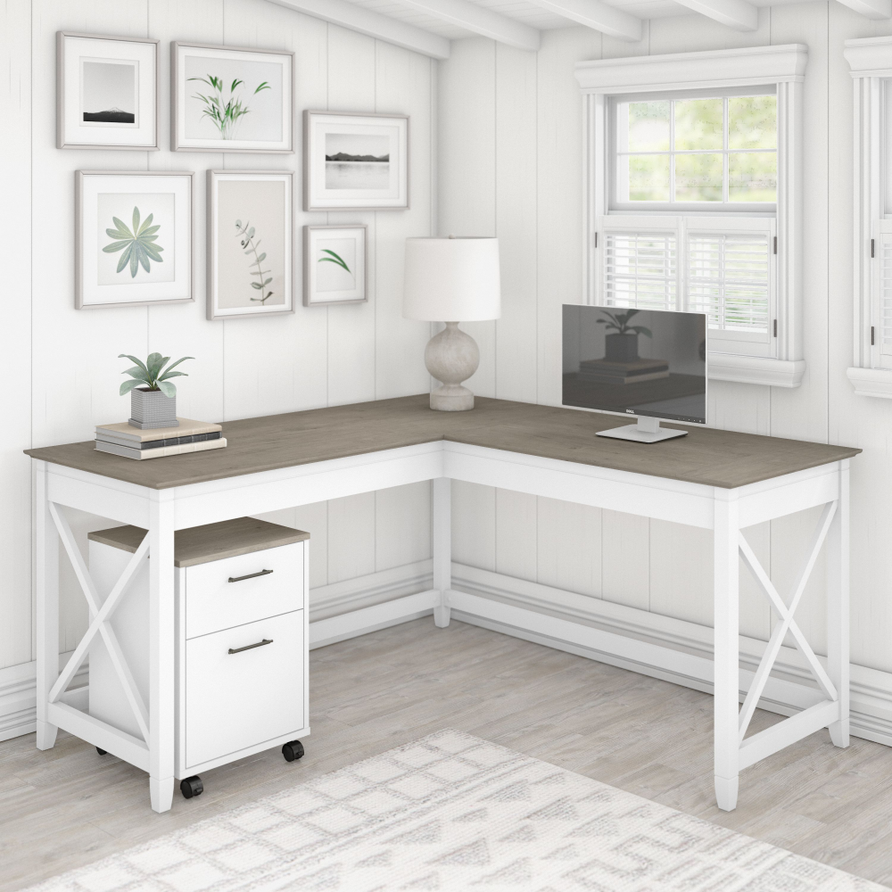 Shop Bush Furniture Key West 60W L Shaped Desk with 2 Drawer Mobile File Cabinet, Image 02, KWS013G2W, #color_shiplap gray/pure white