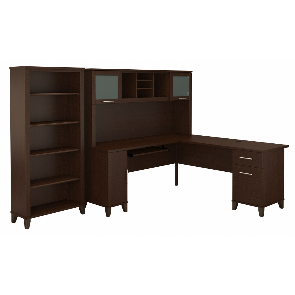 Shop Bush Furniture Somerset 72W L Shaped Desk with Hutch and 5 Shelf Bookcase, Image 01, SET011MR, #color_mocha cherry