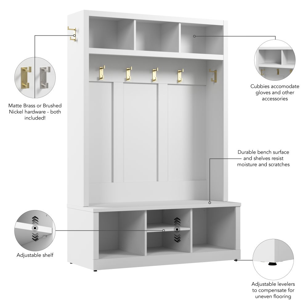 Shop Bush Furniture Hampton Heights Entryway Storage Set with 48W Hall Tree and Shoe Bench, Image 06, HHS003WH, #color_white