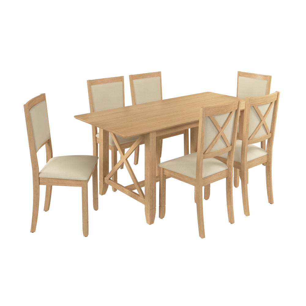 Shop Bush Home Key West 70W Cross Base Dining Table with 6 Upholstered Cross Back Chairs, Image 01, KWS113BO, #color_blonde oak/bright beige