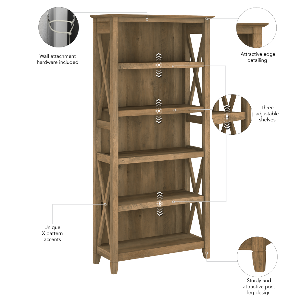 Shop Bush Furniture Key West 5 Shelf Bookcase Set, Image 06, KWS046RCP, #color_reclaimed pine