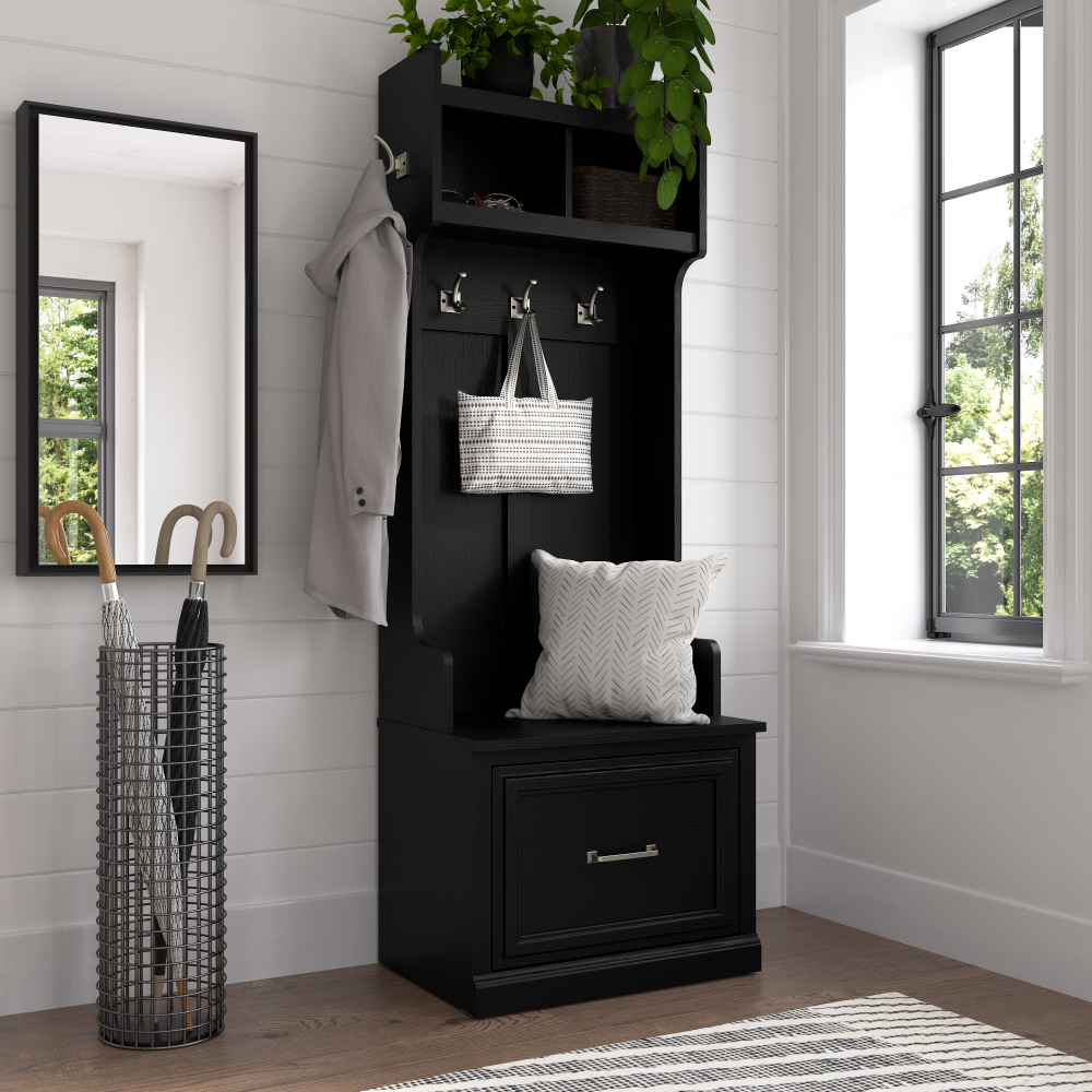 Shop Bush Furniture Woodland 24W Hall Tree and Small Shoe Bench with Drawer, Image 02, WDL007BS, #color_black suede oak