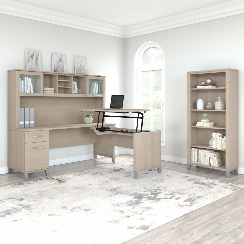 Shop Bush Furniture Somerset 72W 3 Position Sit to Stand L Shaped Desk with Hutch and Bookcase, Image 02, SET017SO, #color_sand oak