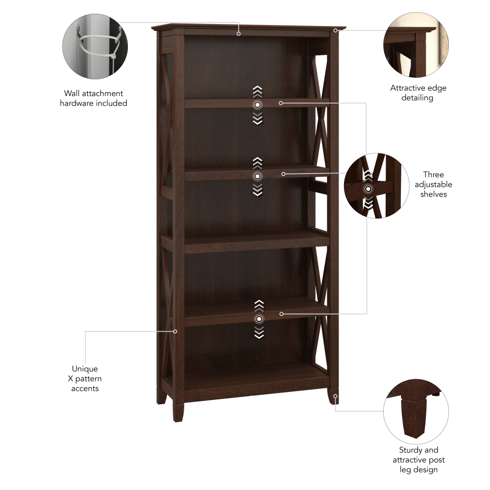 Shop Bush Furniture Key West 5 Shelf Bookcase Set, Image 06, KWS046BC, #color_bing cherry