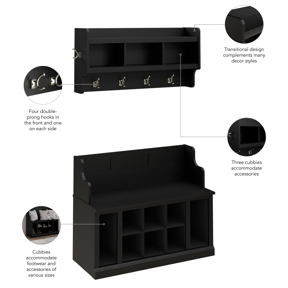 Shop Bush Furniture Woodland 40W Shoe Storage Bench with Shelves and Wall Mounted Coat Rack, Image 07, WDL004BS, #color_black suede oak