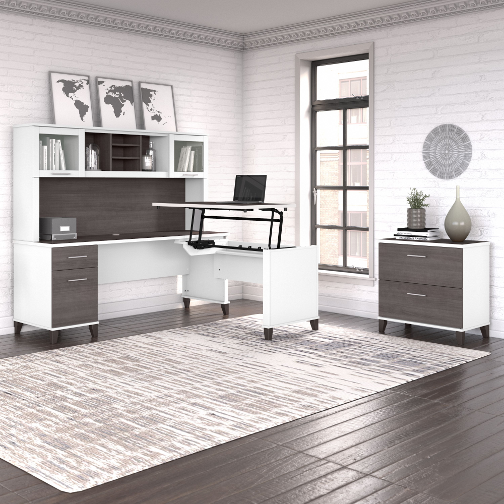 Shop Bush Furniture Somerset 72W 3 Position Sit to Stand L Shaped Desk with Hutch and File Cabinet, Image 02, SET016SGWH, #color_storm gray/white