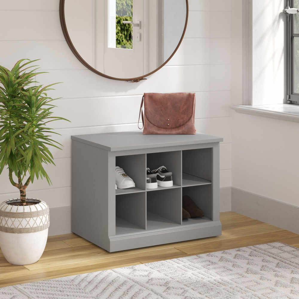 Shop Bush Furniture Woodland 24W Small Shoe Bench with Shelves, Image 02, WDS224CG-03, #color_cape cod gray