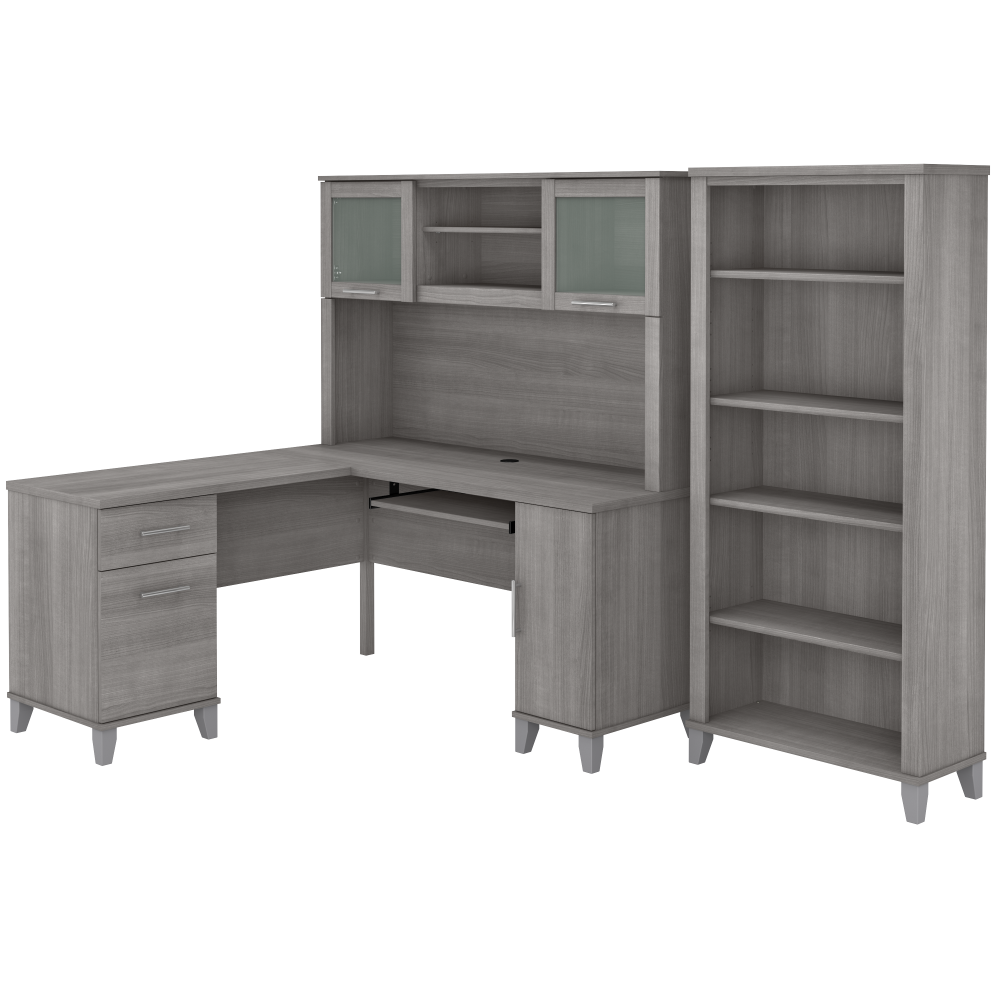 Shop Bush Furniture Somerset 60W L Shaped Desk with Hutch and 5 Shelf Bookcase, Image 01, SET010PG, #color_platinum gray