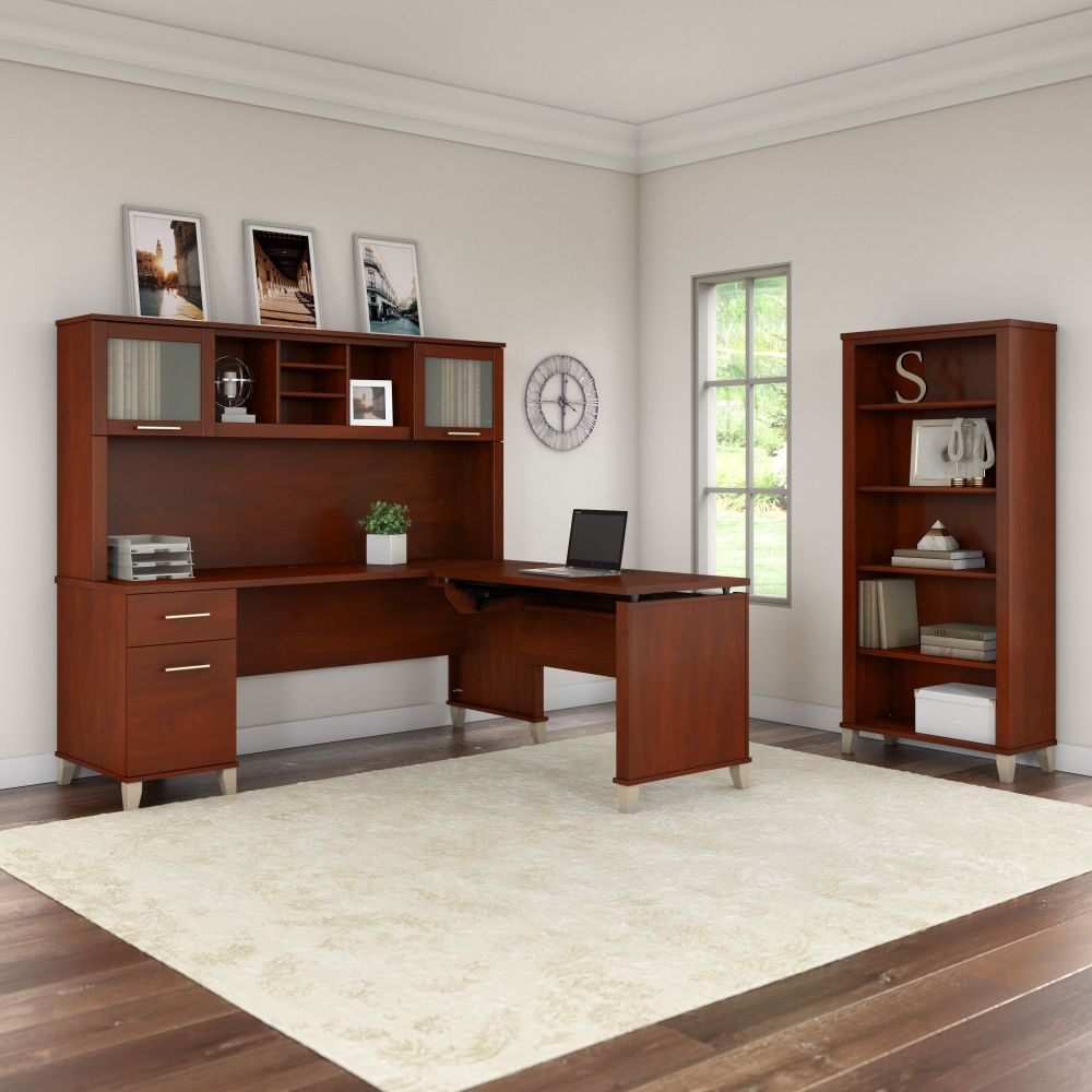 Shop Bush Furniture Somerset 72W 3 Position Sit to Stand L Shaped Desk with Hutch and Bookcase, Image 04, SET017HC, #color_hansen cherry