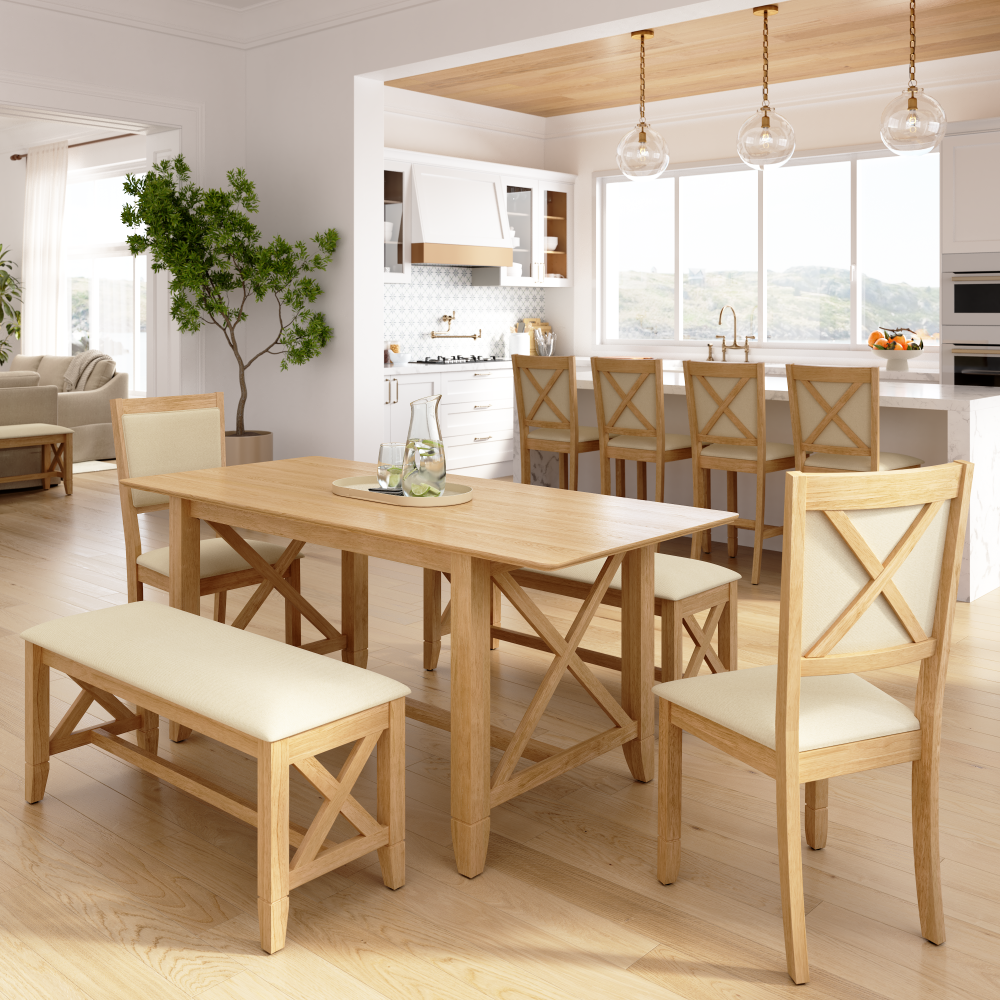Shop Bush Home Key West 70W Cross Base Dining Table with 2 Upholstered Cross Back Chairs and 2 Benches, Image 02, KWS114BO, #color_blonde oak/bright beige