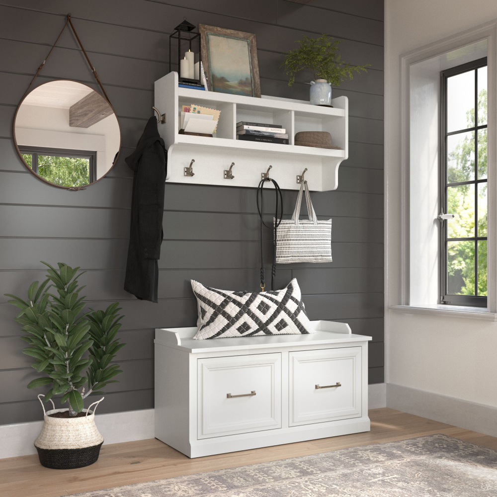 Shop Bush Furniture Woodland 40W Shoe Storage Bench with Doors and Wall Mounted Coat Rack, Image 02, WDL003WAS, #color_white ash