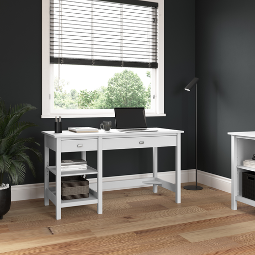 Shop Bush Furniture Broadview 54W Computer Desk with Shelves, Image 02, BDD154WH-03, #color_pure white