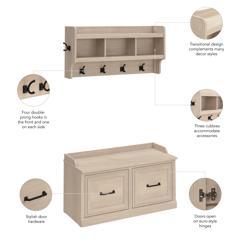 Shop Bush Furniture Woodland 40W Shoe Storage Bench with Doors and Wall Mounted Coat Rack, Image 07, WDL003WM, #color_white washed maple