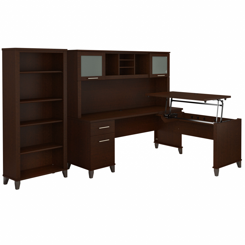 Shop Bush Furniture Somerset 72W 3 Position Sit to Stand L Shaped Desk with Hutch and Bookcase, Image 01, SET017MR, #color_mocha cherry