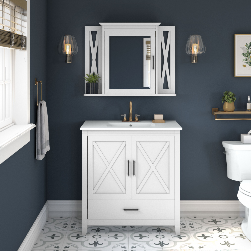 Shop Bush Furniture Key West 32W Bathroom Vanity Sink with Mirror, Image 02, KWS030WAS, #color_white ash