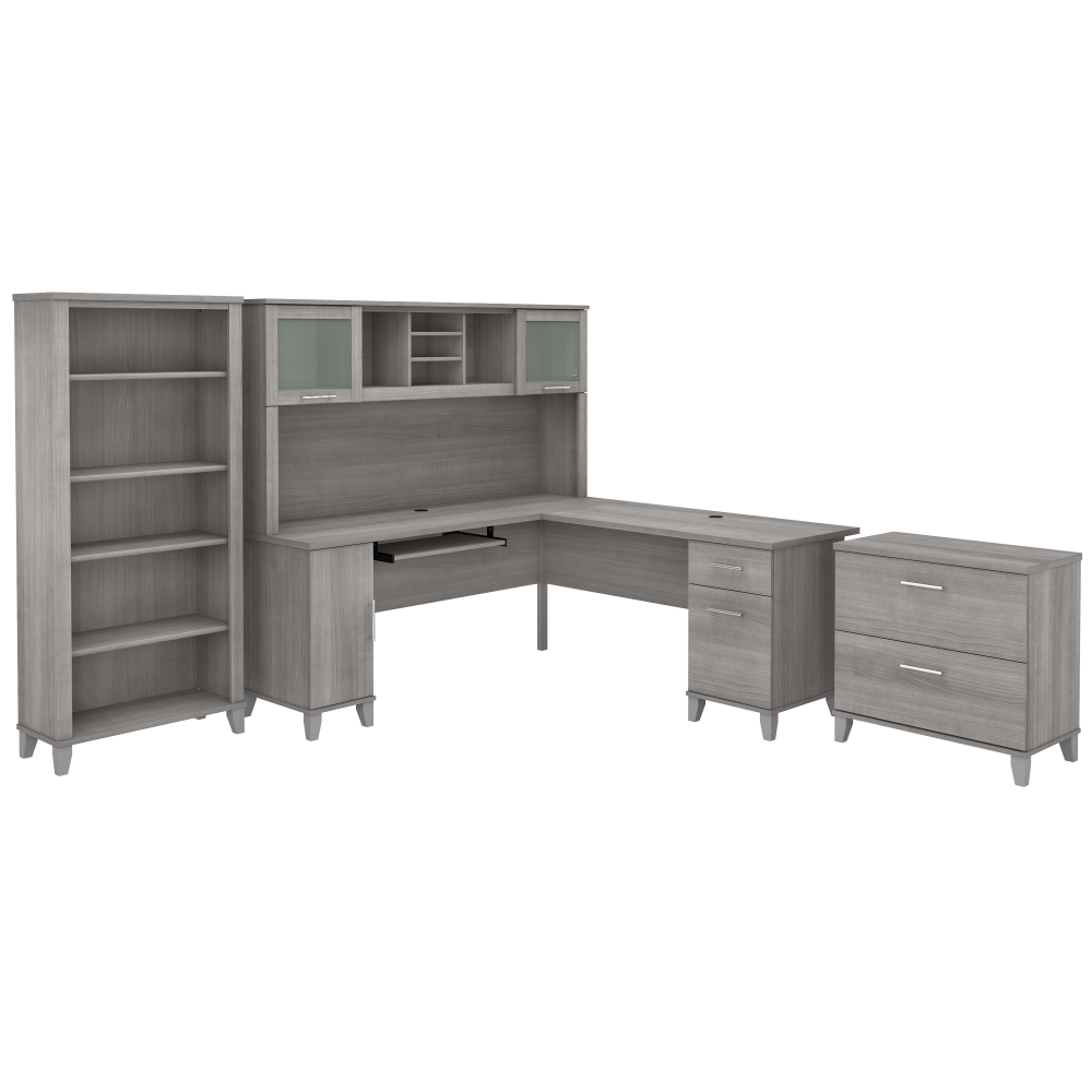 Shop Bush Furniture Somerset 72W L Shaped Desk with Hutch, Lateral File Cabinet and Bookcase, Image 01, SET012PG, #color_platinum gray