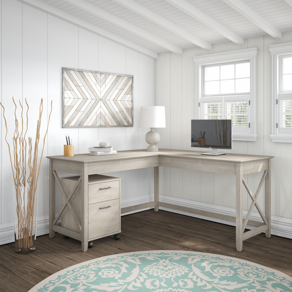 Shop Bush Furniture Key West 60W L Shaped Desk with 2 Drawer Mobile File Cabinet, Image 02, KWS013WG, #color_washed gray