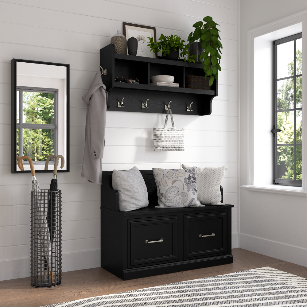 Shop Bush Furniture Woodland 40W Entryway Bench with Doors and Wall Mounted Coat Rack, Image 02, WDL009BS, #color_black suede oak