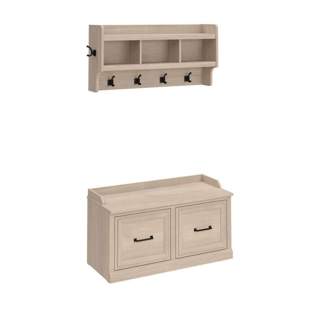 Shop Bush Furniture Woodland 40W Shoe Storage Bench with Doors and Wall Mounted Coat Rack, Image 01, WDL003WM, #color_white washed maple