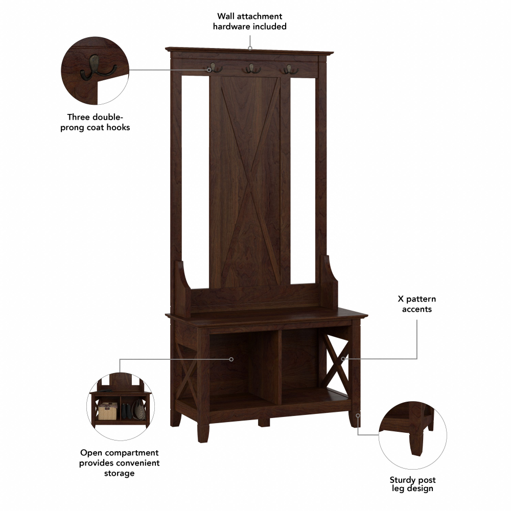 Shop Bush Furniture Key West Hall Tree with Shoe Storage Bench, Image 07, KWS166BC-03, #color_bing cherry