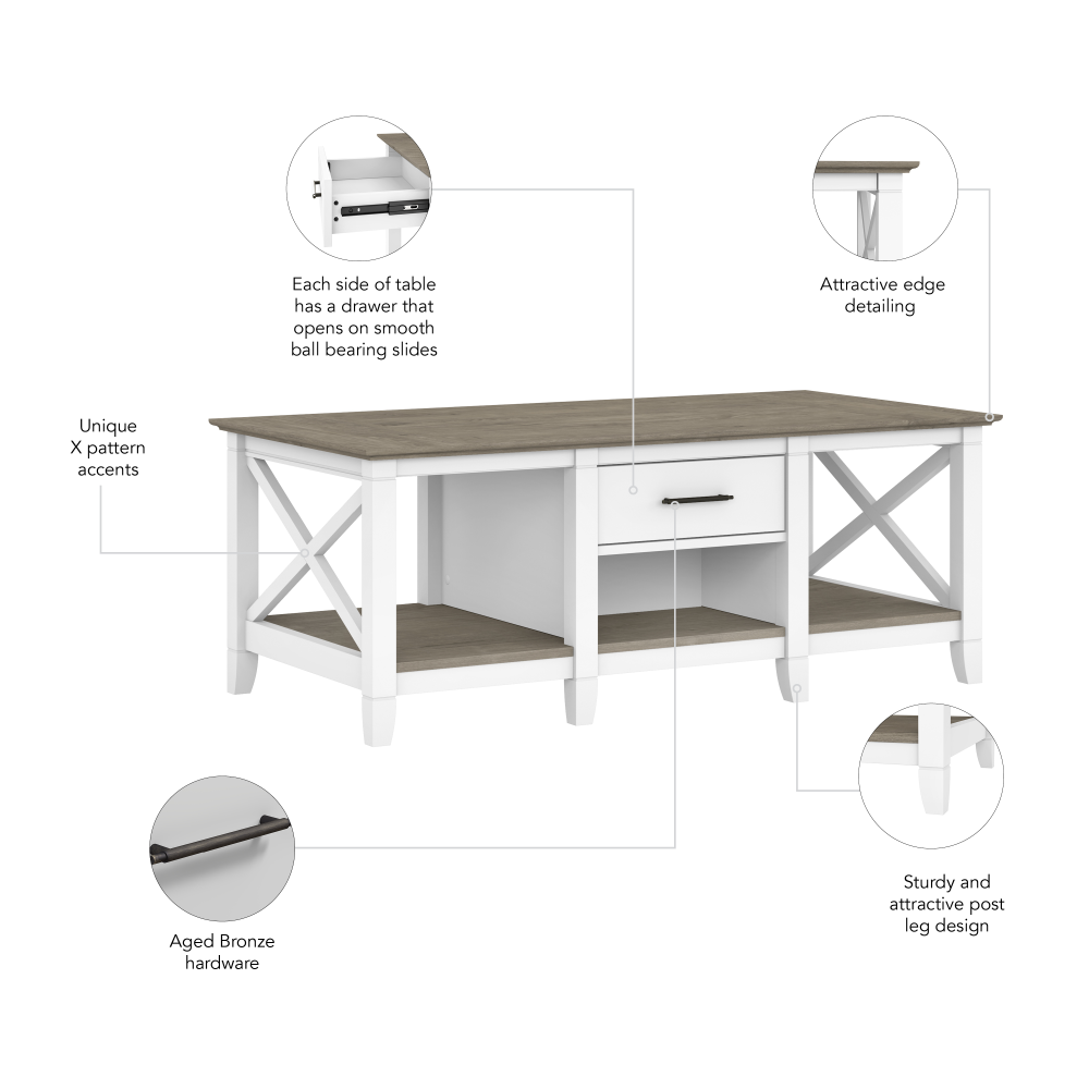 Shop Bush Furniture Key West Coffee Table with Storage, Image 07, KWT148G2W-03, #color_shiplap gray/pure white