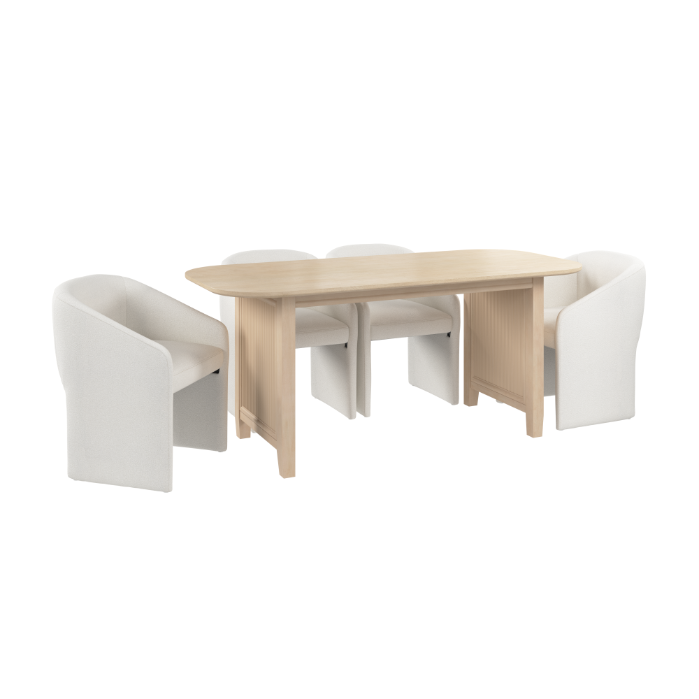 Shop Bush Home Camille Fluted Base 71W Dining Table with 4 Upholstered Barrel Dining Chairs, Image 01, CML013NB, #color_natural birch/light cream fabric
