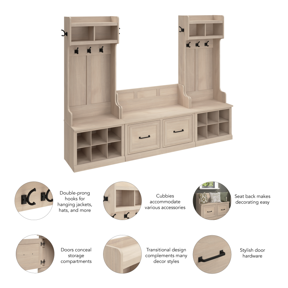 Shop Bush Furniture Woodland Entryway Storage Set with Hall Trees and Shoe Bench with Doors, Image 07, WDL011WM, #color_white washed maple