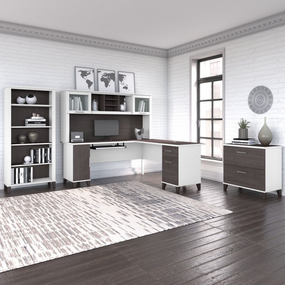Shop Bush Furniture Somerset 72W L Shaped Desk with Hutch, Lateral File Cabinet and Bookcase, Image 02, SET012SGWH, #color_storm gray/white