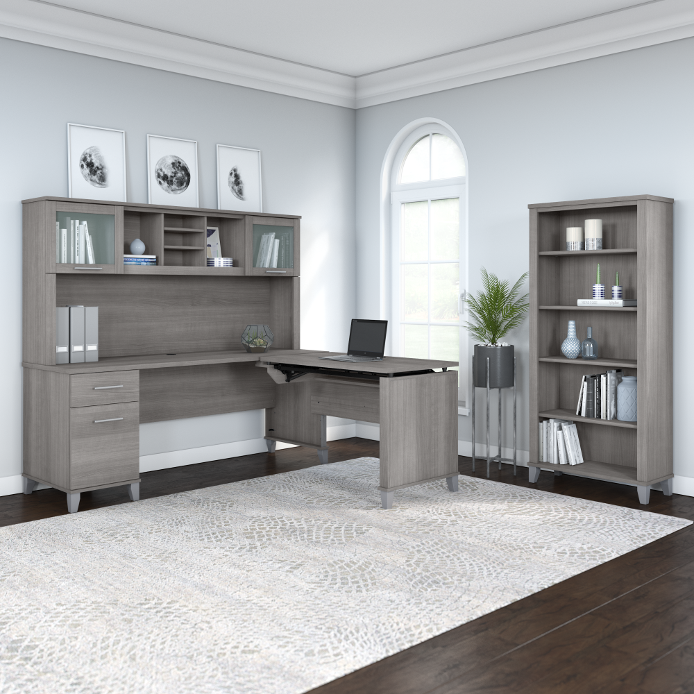 Shop Bush Furniture Somerset 72W 3 Position Sit to Stand L Shaped Desk with Hutch and Bookcase, Image 04, SET017PG, #color_platinum gray