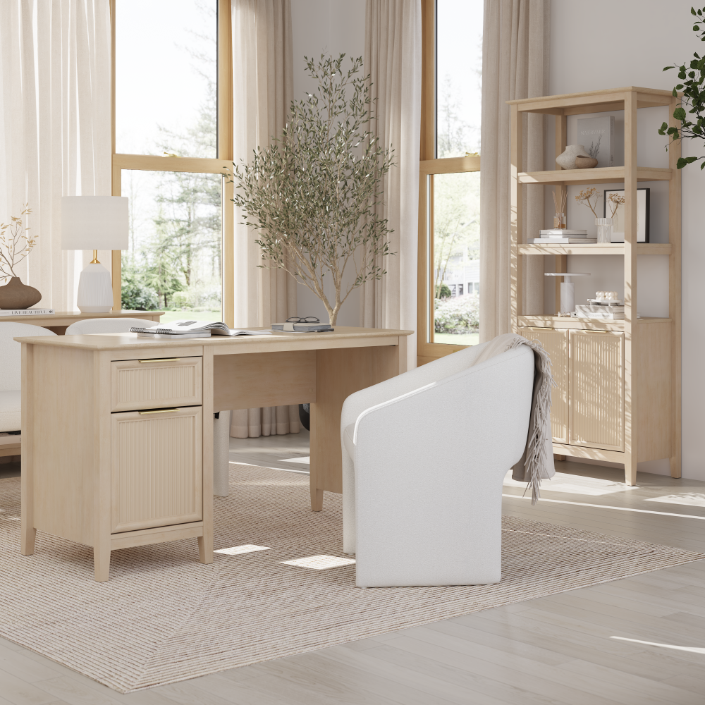 Shop Bush Home Camille 54W Fluted Office Desk with Storage and 5 Shelf Bookcase with Doors, Image 02, CML006NB, #color_natural birch