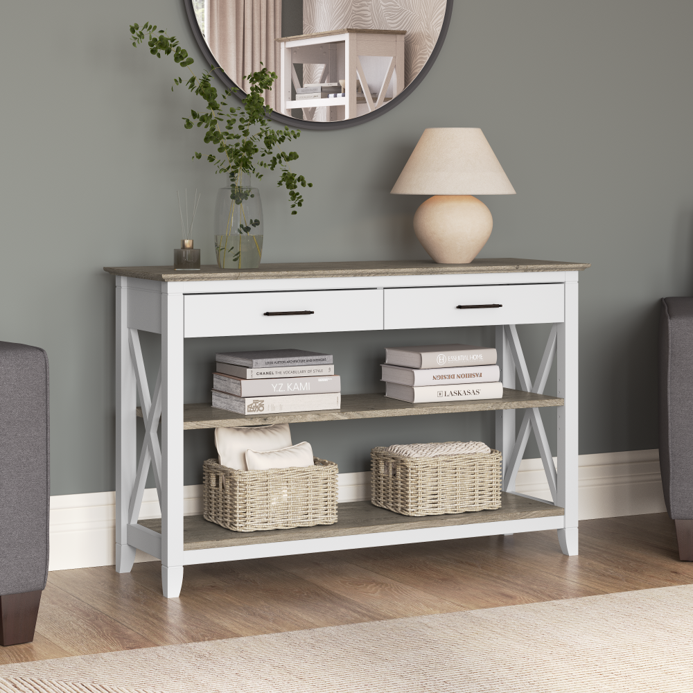 Shop Bush Furniture Key West Console Table with Drawers and Shelves, Image 02, KWT248G2W-03, #color_shiplap gray/pure white