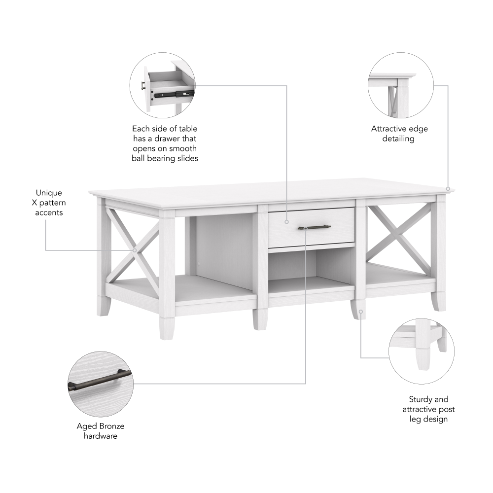 Shop Bush Furniture Key West Coffee Table with Storage, Image 07, KWT148WT-03, #color_pure white oak